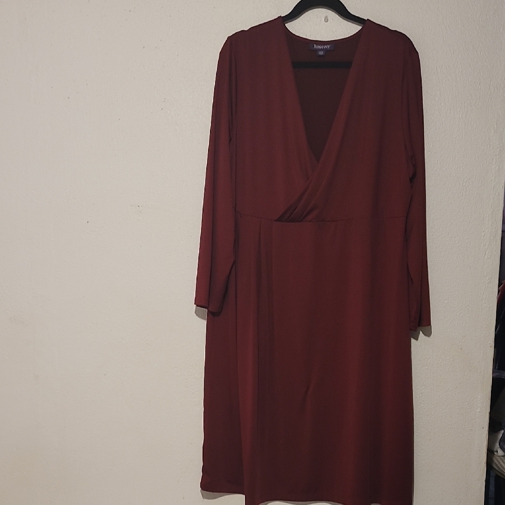ROMAN'S Burgandy A-Line V-Neck Long Sleeve Dress